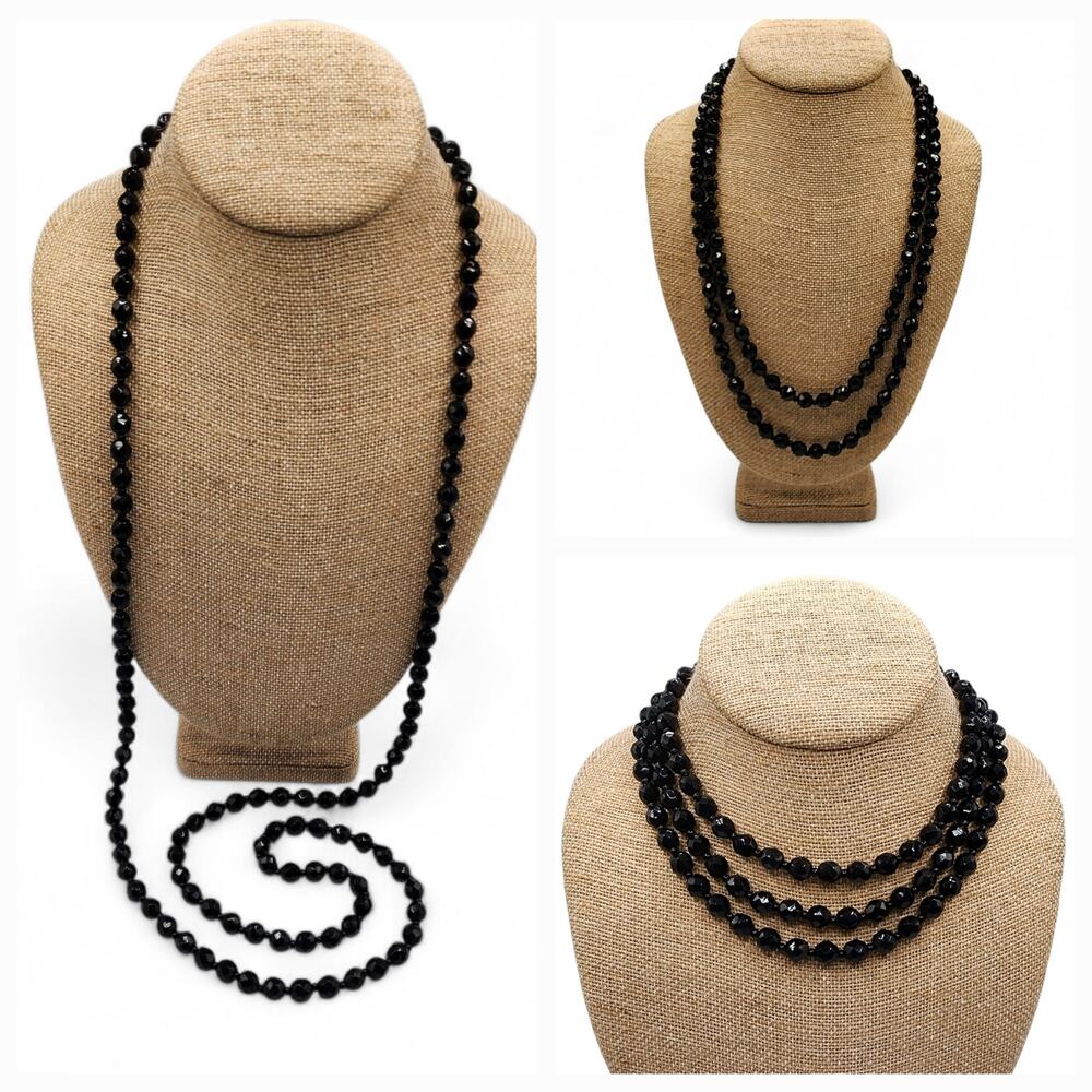 Vintage 1950s Faceted Black Glass Bead Necklace 48" Long Layering Strand